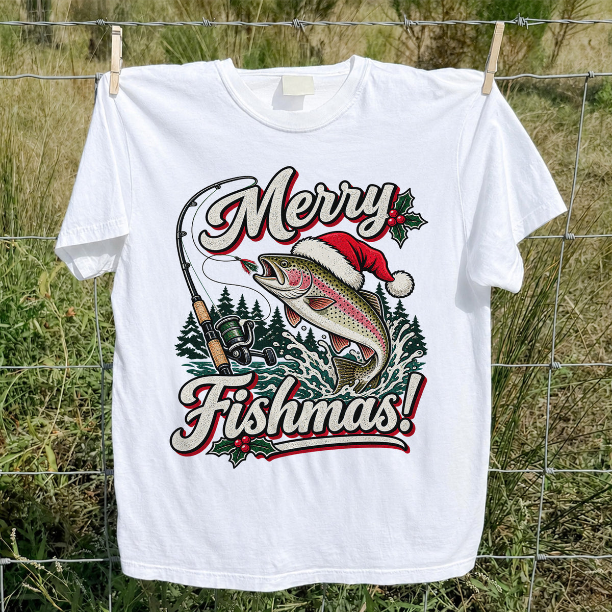 Merry Fishmas Rainbow Trout in Santa Hat Christmas Fishing T-Shirt, Trout Fishing