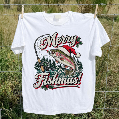 Merry Fishmas Rainbow Trout in Santa Hat Christmas Fishing T-Shirt, Trout Fishing