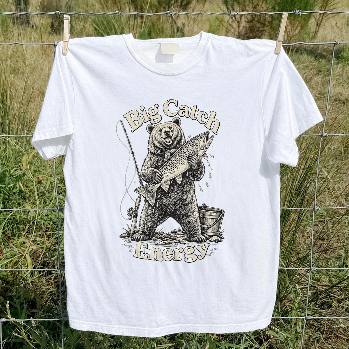 Big Catch Energy Bear and Trout Fishing T-Shirt