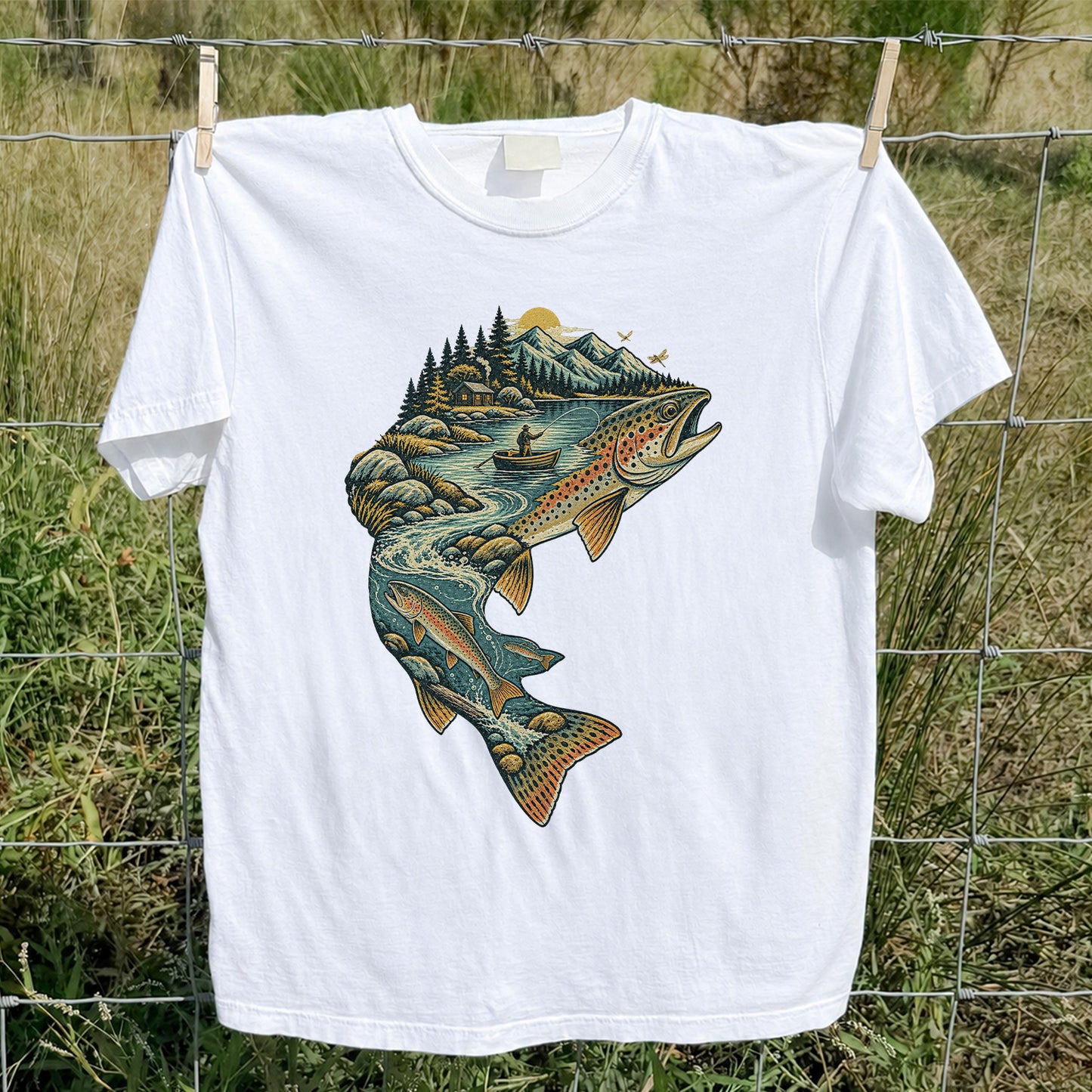Vintage Brown Trout Mountain River Fly Fishing Graphic T-Shirt
