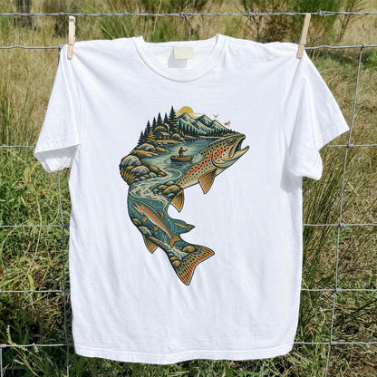 Vintage Brown Trout Mountain River Fly Fishing Graphic T-Shirt