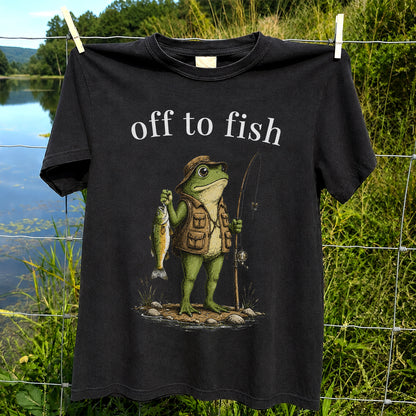 Off To Fish T-Shirt Funny Frog Fishing Shirt Vintage Angler Tee