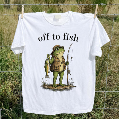 Off To Fish T-Shirt Funny Frog Fishing Shirt Vintage Angler Tee