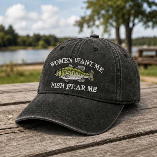 Women Want Me Fish Fear Me Hat, Funny Fishing Gift for Dad, Washed Cotton Embroidered Baseball Cap