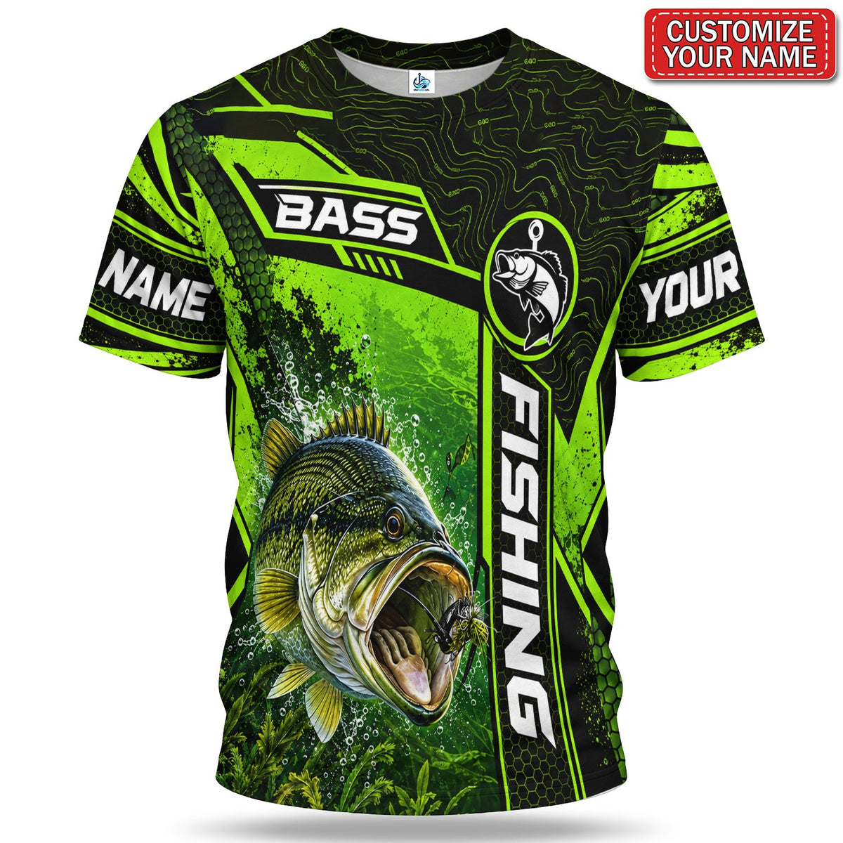 Personalized Neon Green Bass and Lure Fishing T-Shirt