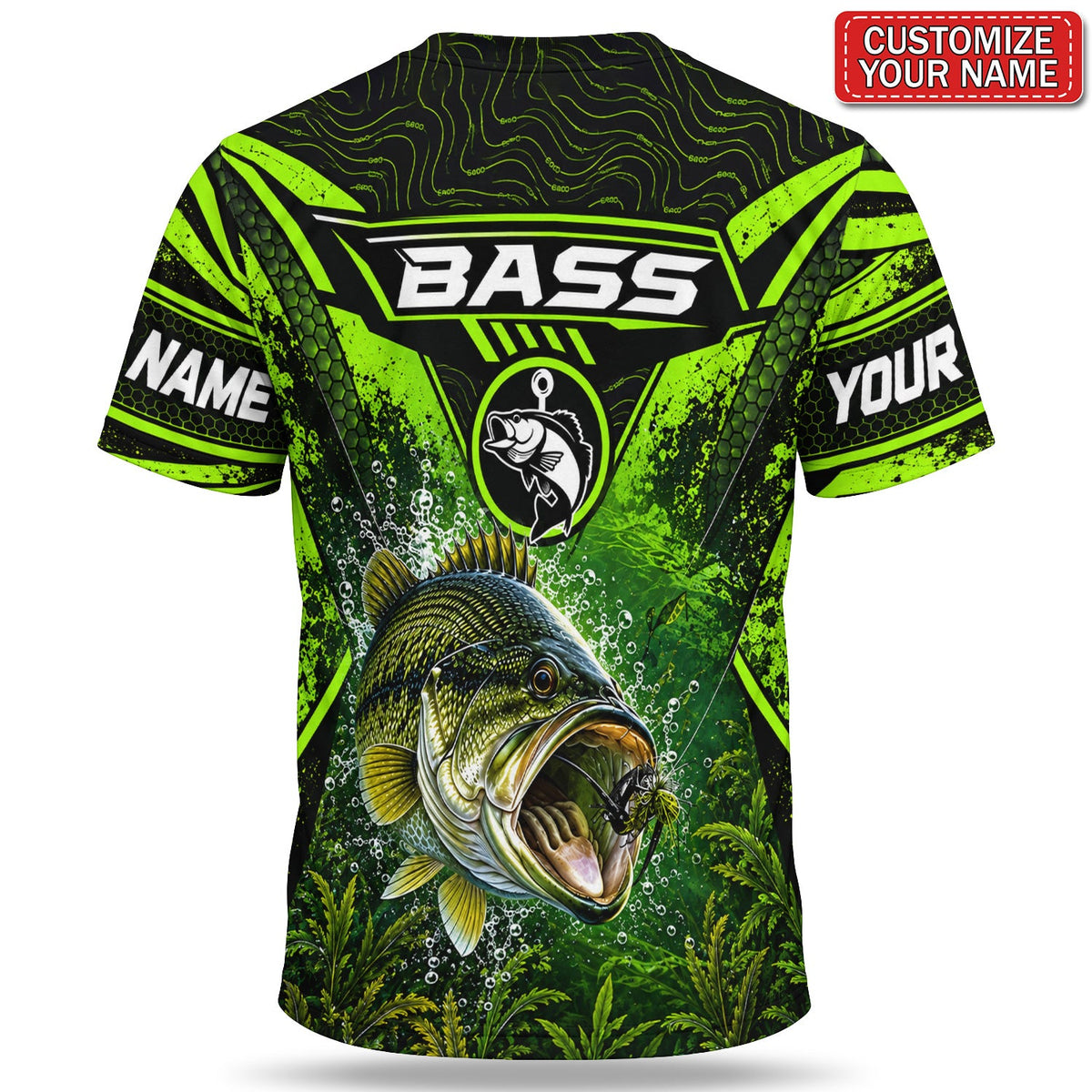 Personalized Neon Green Bass and Lure Fishing T-Shirt