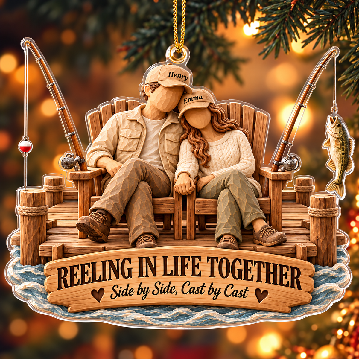 Personalized Couple Fishing Christmas Acrylic Ornament, Xmas Gift