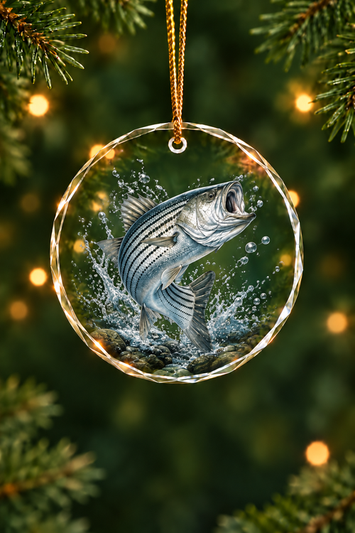 Rocky Water Striped Bass Strike Glass Ornament, Angler Holiday Tree Decor
