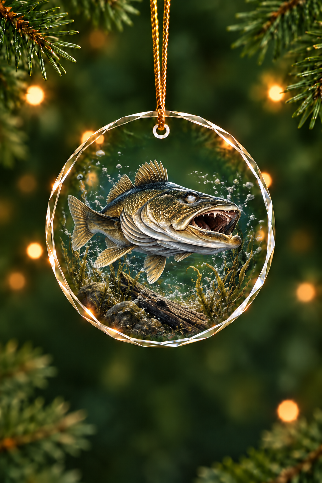 Deep Current Walleye Hunter Glass Ornament, Fishing Christmas Tree Keepsake