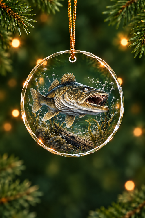 Deep Current Walleye Hunter Glass Ornament, Fishing Christmas Tree Keepsake