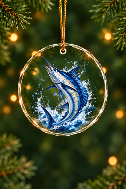 Freedom Strike Marlin Glass Ornament, Angler Holiday Tree Decor