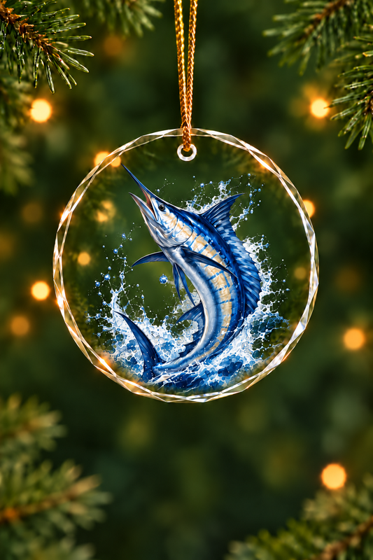 Freedom Strike Marlin Glass Ornament, Angler Holiday Tree Decor