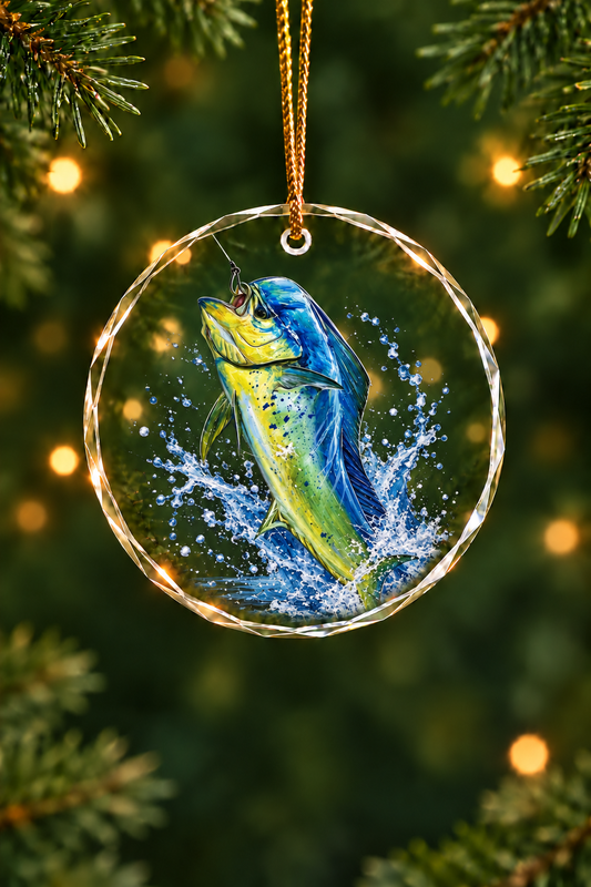 Ocean Surge Golden Mahi Leap Glass Ornament, Saltwater Fishing Christmas Keepsake