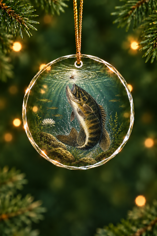 Smallmouth Bass Surface Ambush Glass Ornament, Fishing Christmas Tree Keepsake