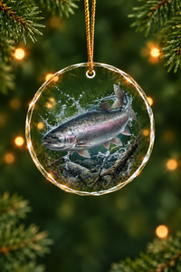 River Steelhead Timber Glass Ornament, Fishing Christmas Tree Keepsake
