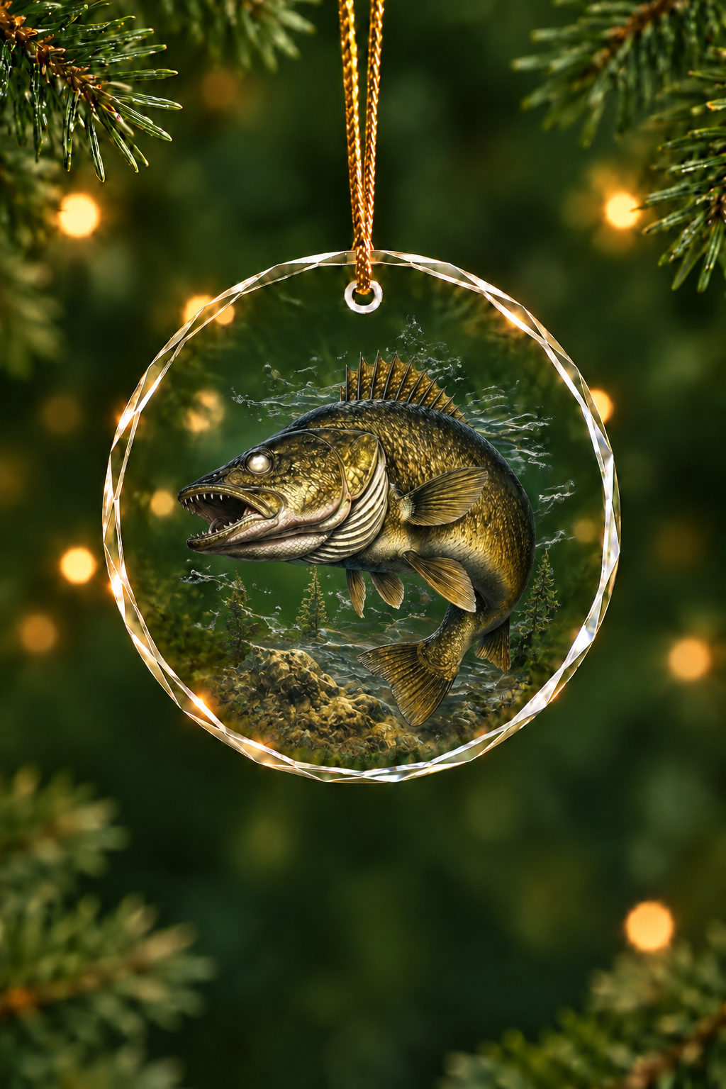 Sunlit Bottom Walleye Glass Ornament, Angler Holiday Tree Decor