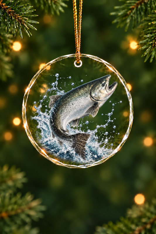 Silver King Salmon Breach Glass Ornament, Fishing Christmas Tree Keepsake