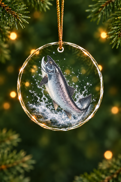 Silver Steelhead Whitewater Leap Glass Ornament, Angler Holiday Tree Decor