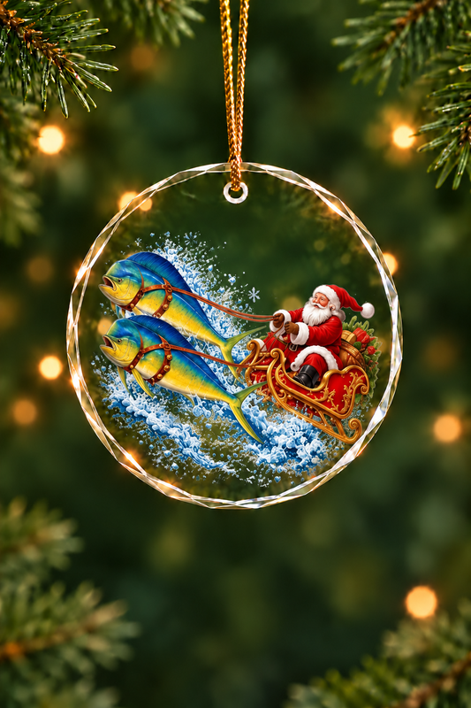 Christmas Mahi Mahi Sleigh Glass Ornament, Angler Holiday Tree Decor