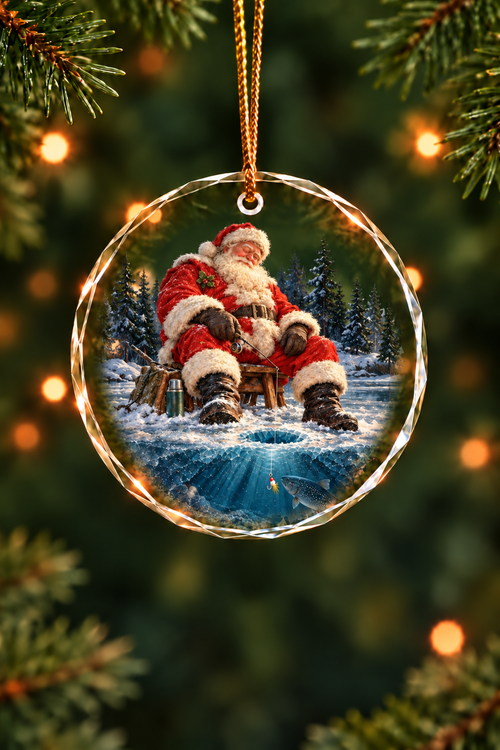 Sleeping Santa Ice Trout Glass Ornament, Fisherman Christmas Gift