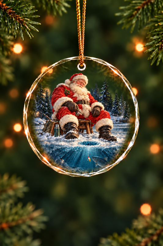 Sleeping Santa Ice Trout Glass Ornament, Fisherman Christmas Gift