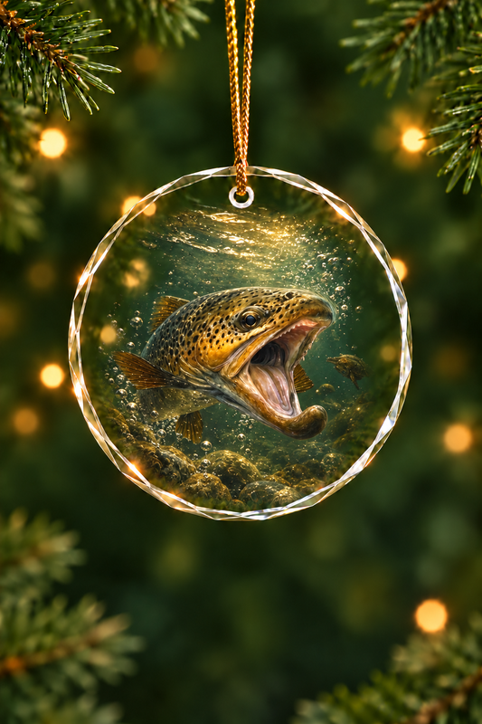 Brown Trout Deep Strike Glass Ornament, Angler Holiday Tree Decor