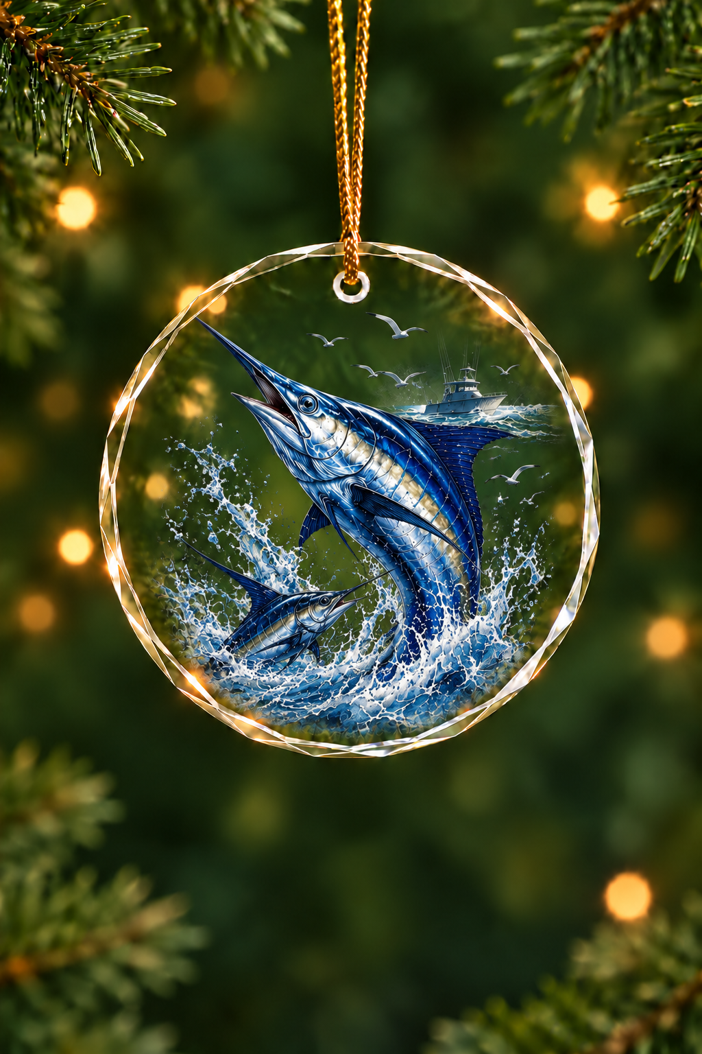 Bluewater Marlin Strike Glass Ornament, Angler Holiday Tree Decor