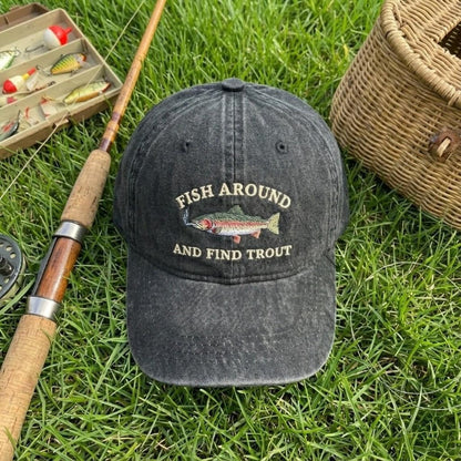 Trout Embroidered Dad Hat, Funny Angler Baseball Cap, Vintage Washed Cotton