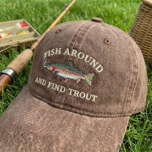 Trout Embroidered Dad Hat, Funny Angler Baseball Cap, Vintage Washed Cotton