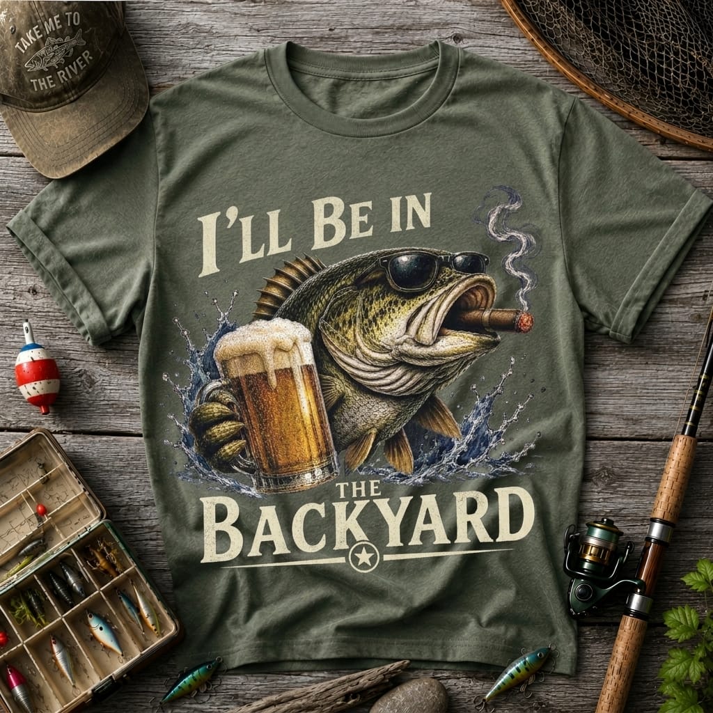 I'll Be In The Backyard Funny Fishing T Shirt | Beer & Bass Graphic Tee