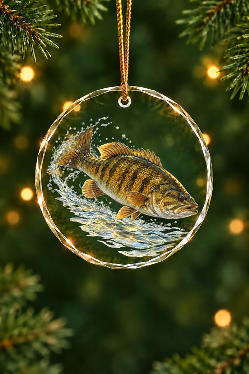 Clear Stream Smallmouth Bass Glass Ornament, Angler Holiday Tree Decor
