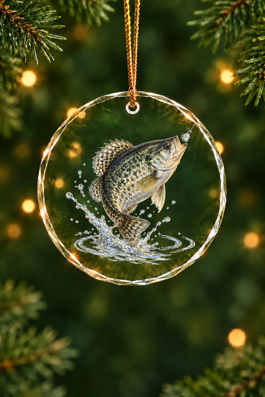Jig Strike Black Crappie Glass Ornament, Angler Holiday Tree Decor