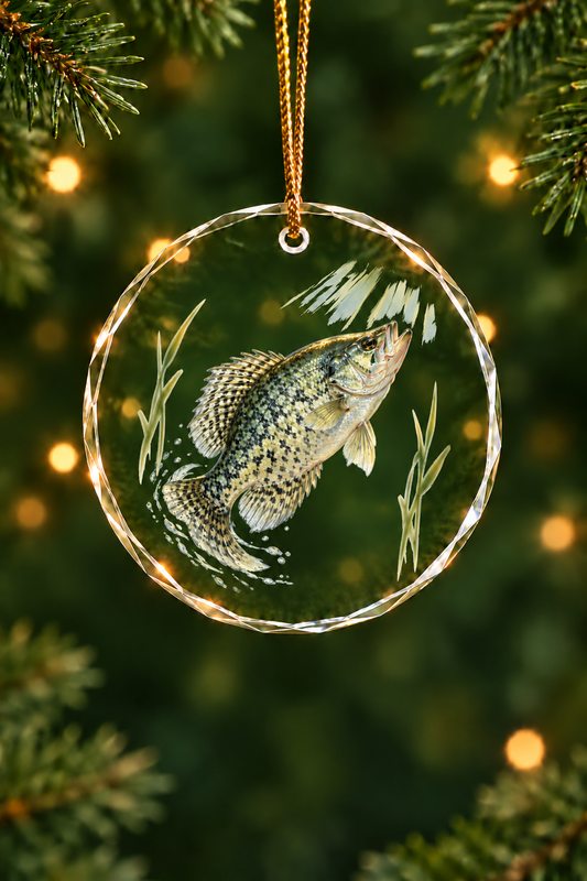 Sunlit Shallows Black Crappie Glass Ornament, Angler Holiday Tree Decor