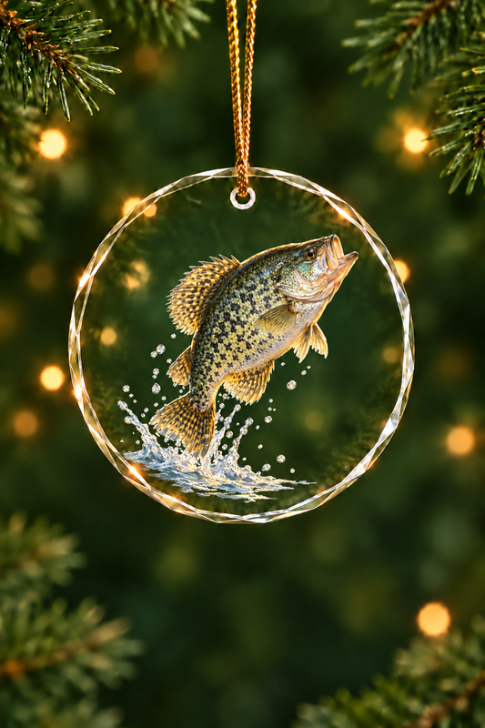 Sunset Leap Black Crappie Glass Ornament, Fisherman Christmas Gift