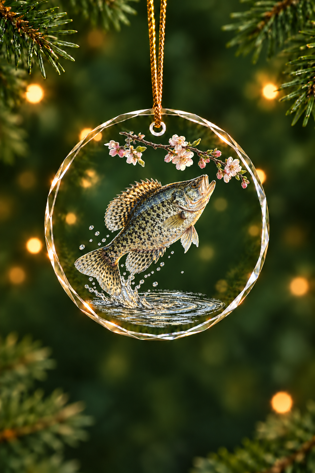 Blossom Branch Black Crappie Glass Ornament, Fisherman Christmas Gift