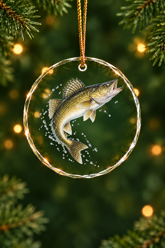 Dawn Leap Walleye Glass Ornament, Fisherman Christmas Gift