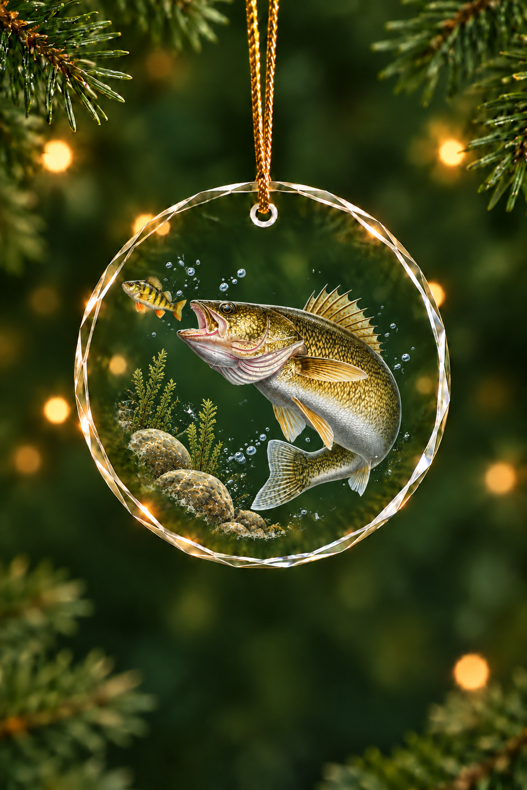 Perch Ambush Walleye Glass Ornament, Fishing Christmas Tree Keepsake
