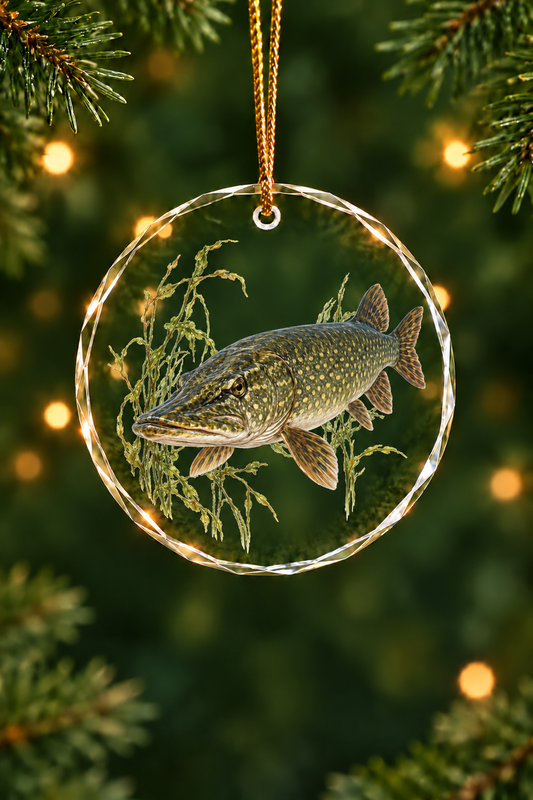 Weed Bed Northern Pike Glass Ornament, Angler Holiday Tree Decor