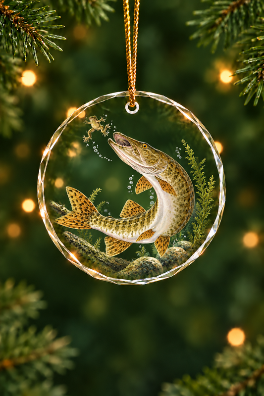 Frog Hunter Northern Pike Glass Ornament, Angler Holiday Tree Decor