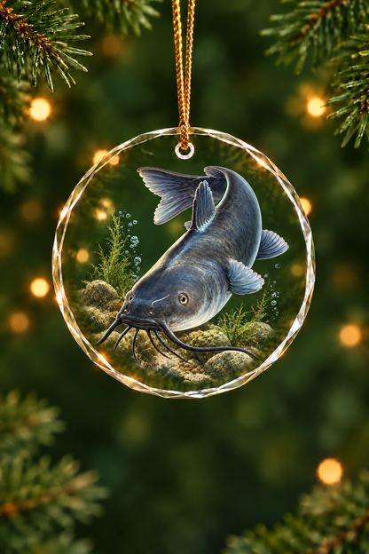 Riverbed Blue Catfish Glass Ornament, Fishing Christmas Tree Keepsake