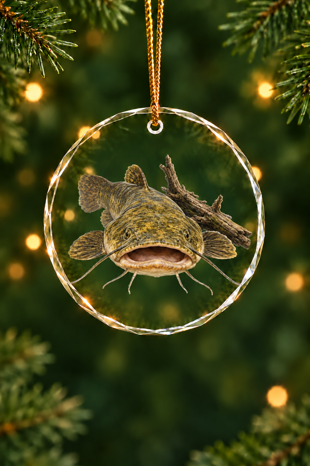 Driftwood Flathead Catfish Glass Ornament, Fisherman Christmas Gift