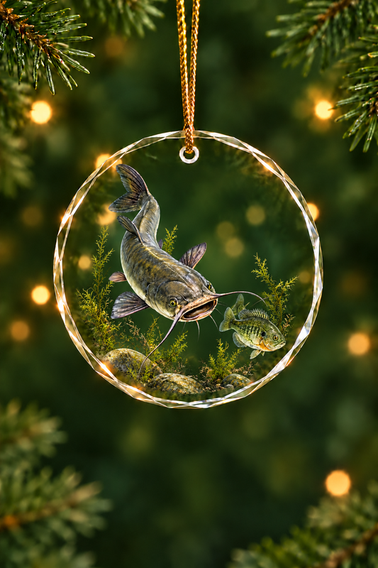 Bluegill Chase Flathead Catfish Glass Ornament, Fisherman Christmas Gift