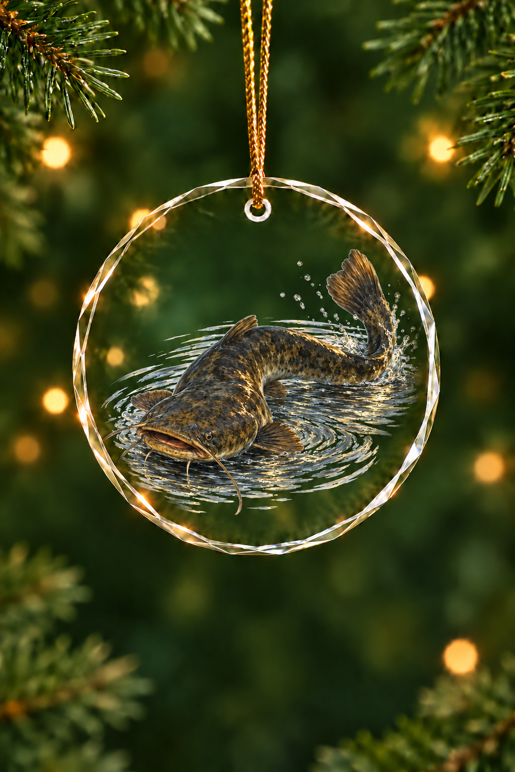 Surface Roll Flathead Catfish Glass Ornament, Fisherman Christmas Gift