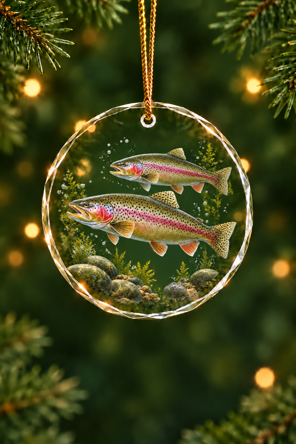 Pebble Run Rainbow Trout Pair Glass Ornament, Angler Holiday Tree Decor