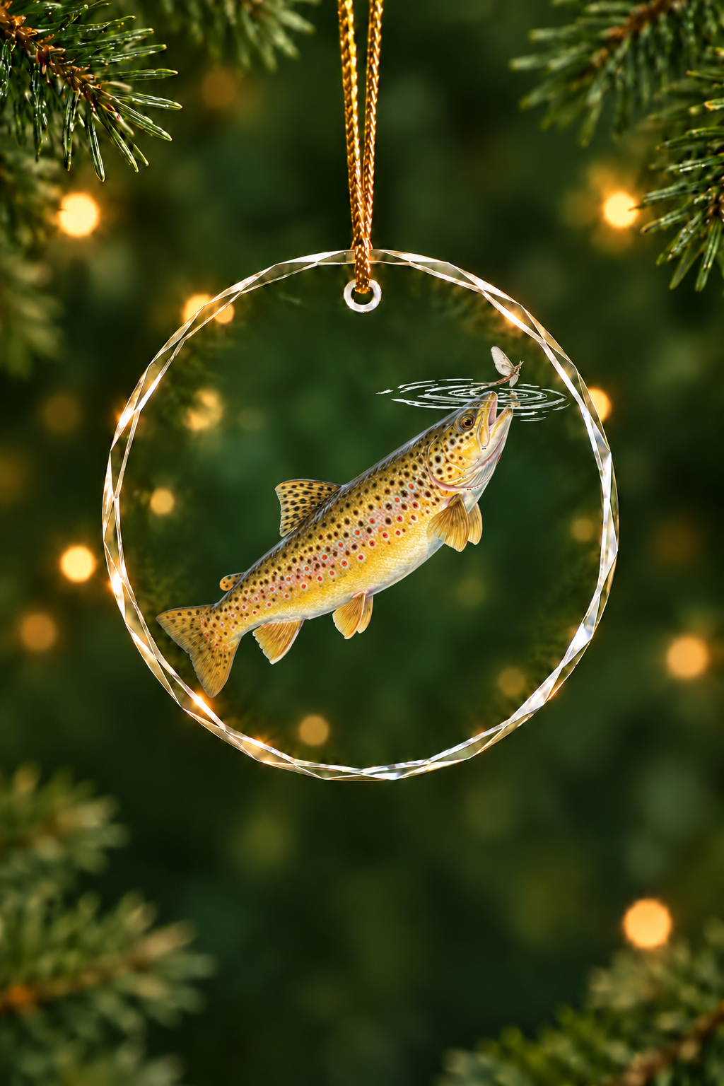 Dry Fly Rise Brown Trout Glass Ornament, Fisherman Christmas Gift