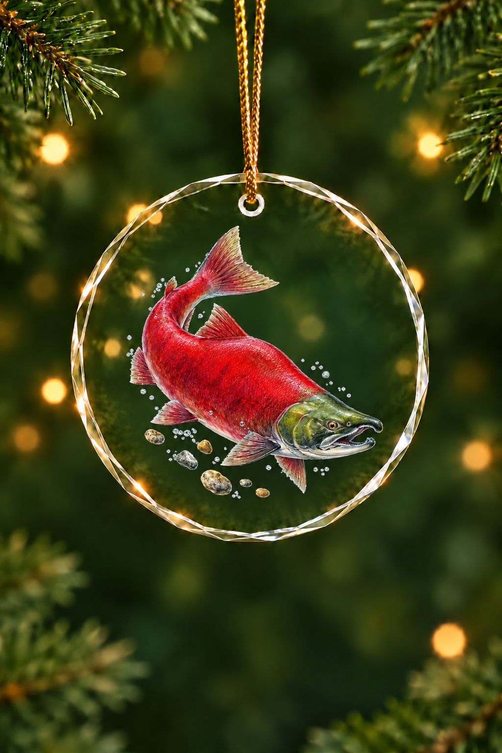 Spawning Run Sockeye Salmon Glass Ornament, Angler Holiday Tree Decor