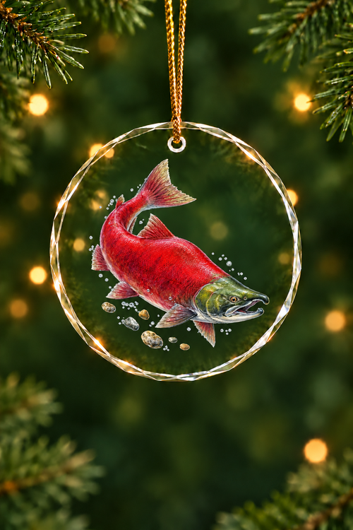 Spawning Run Sockeye Salmon Glass Ornament, Angler Holiday Tree Decor