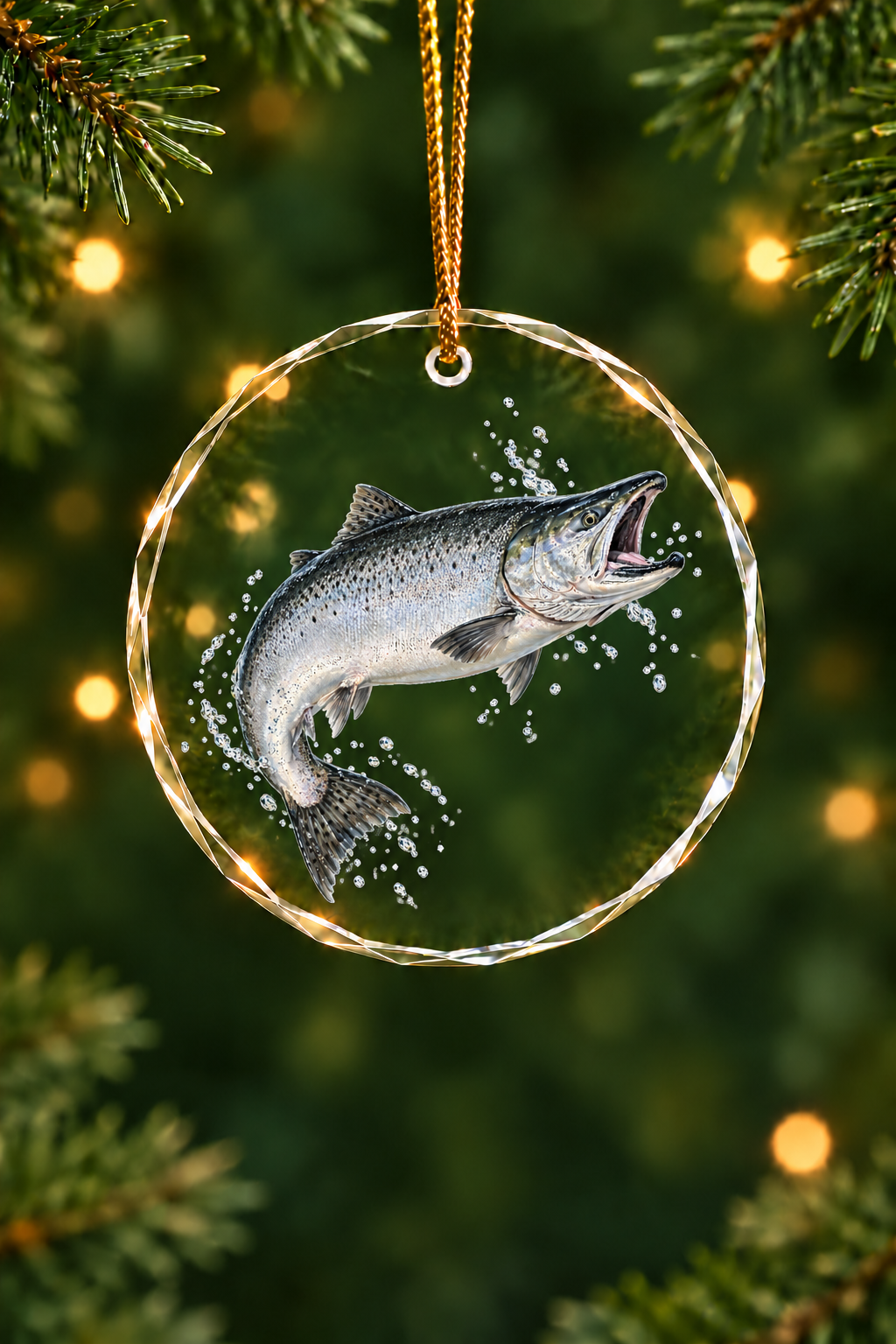 Silver Leap Chinook Salmon Glass Ornament, Fishing Christmas Tree Keepsake