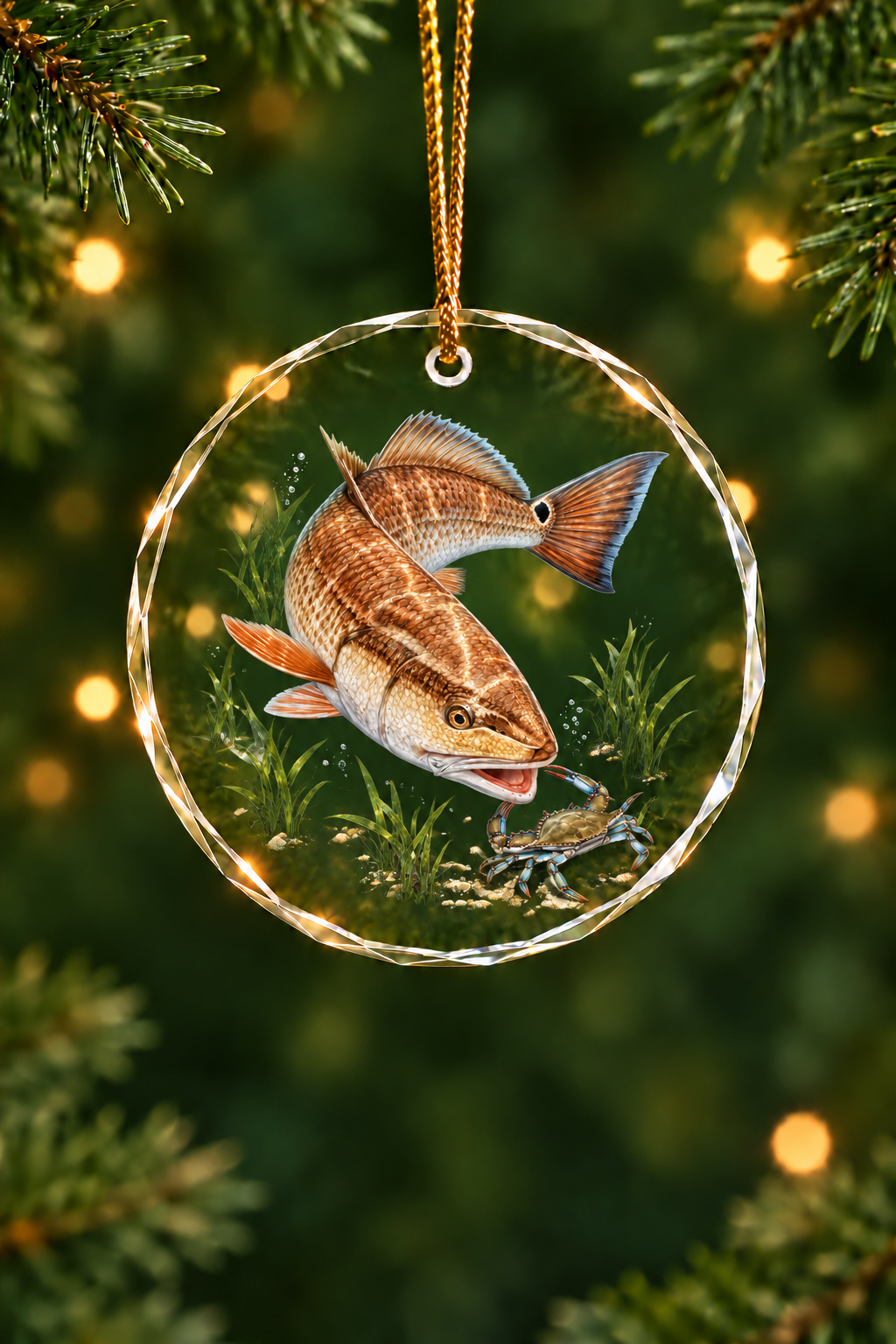 Crab Hunt Redfish Glass Ornament, Angler Holiday Tree Decor
