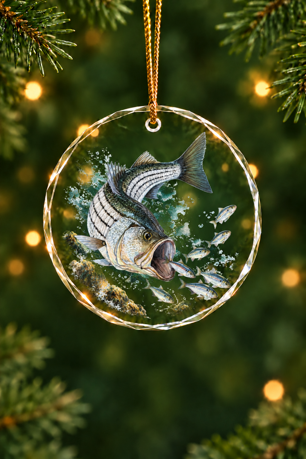 Surf Blitz Striped Bass Glass Ornament, Angler Holiday Tree Decor